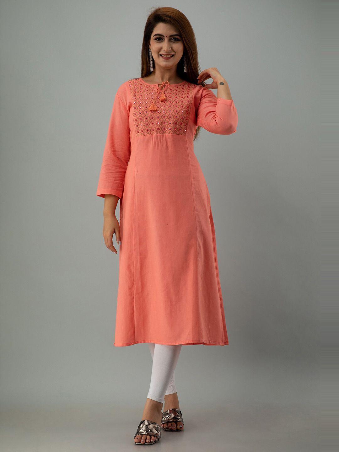 sky shoppie women peach-coloured cotton mirror embroidered work straight  kurta