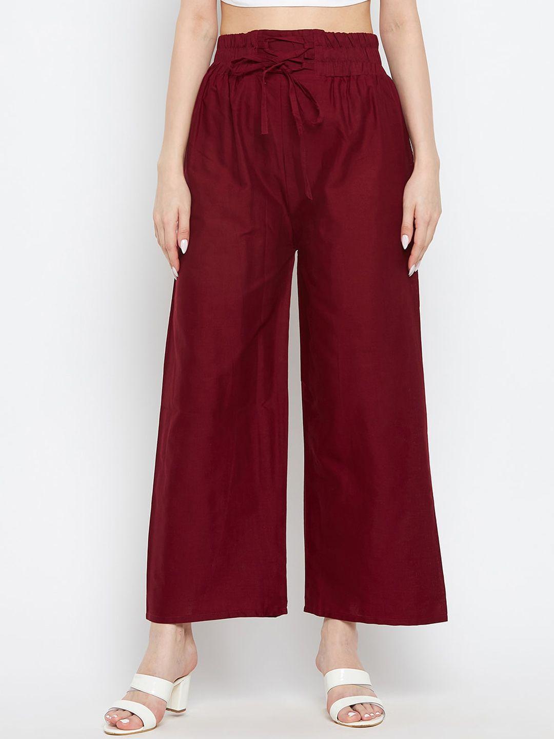 clora creation women maroon smart easy wash cotton trousers