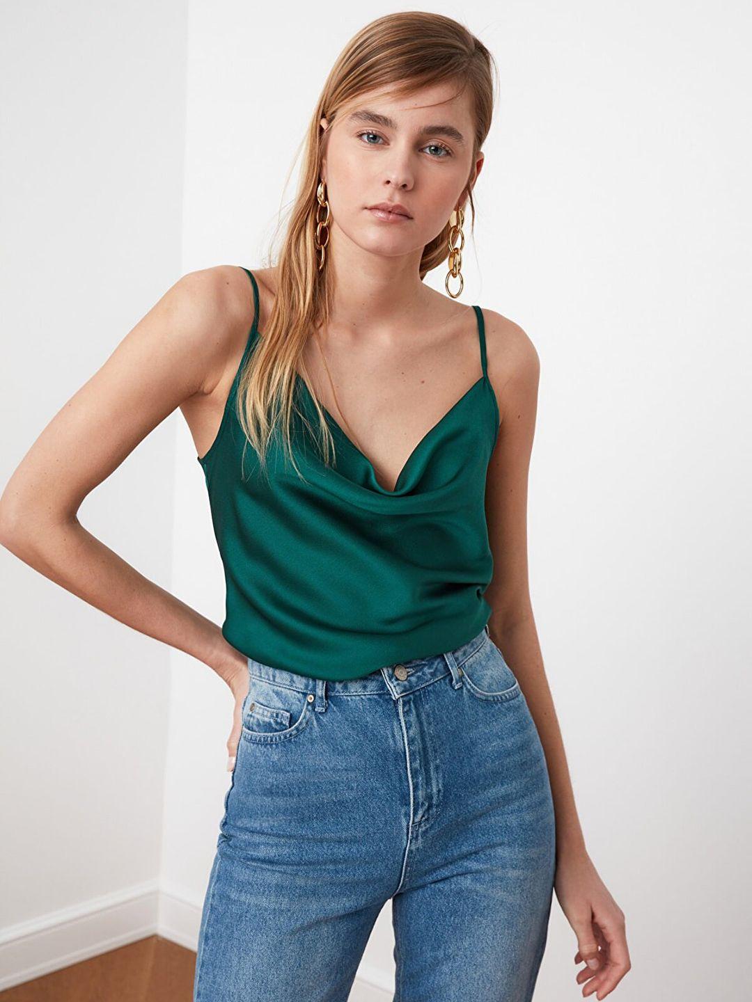 trendyol green solid cowl neck crop top