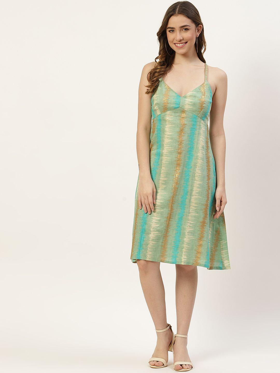 molcha green & beige striped cotton a-line dress