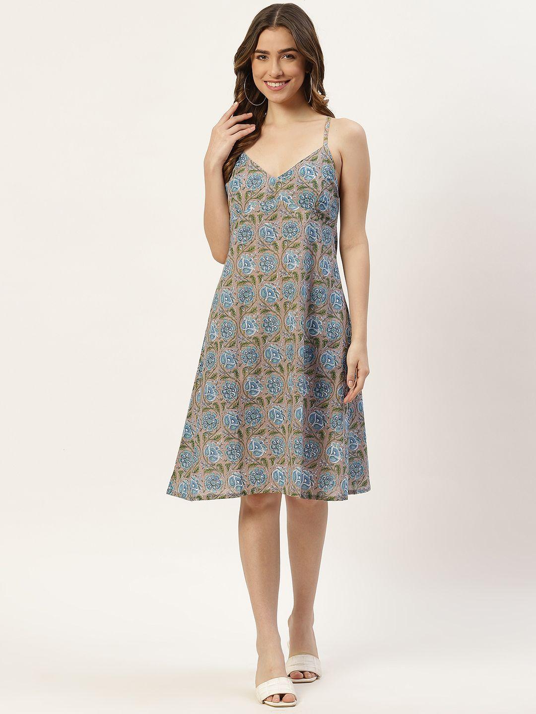 molcha taupe & blue ethnic motifs printed cotton a-line dress