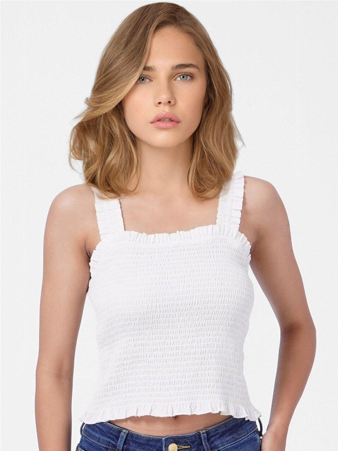 only white shoulder strap smocked crop top