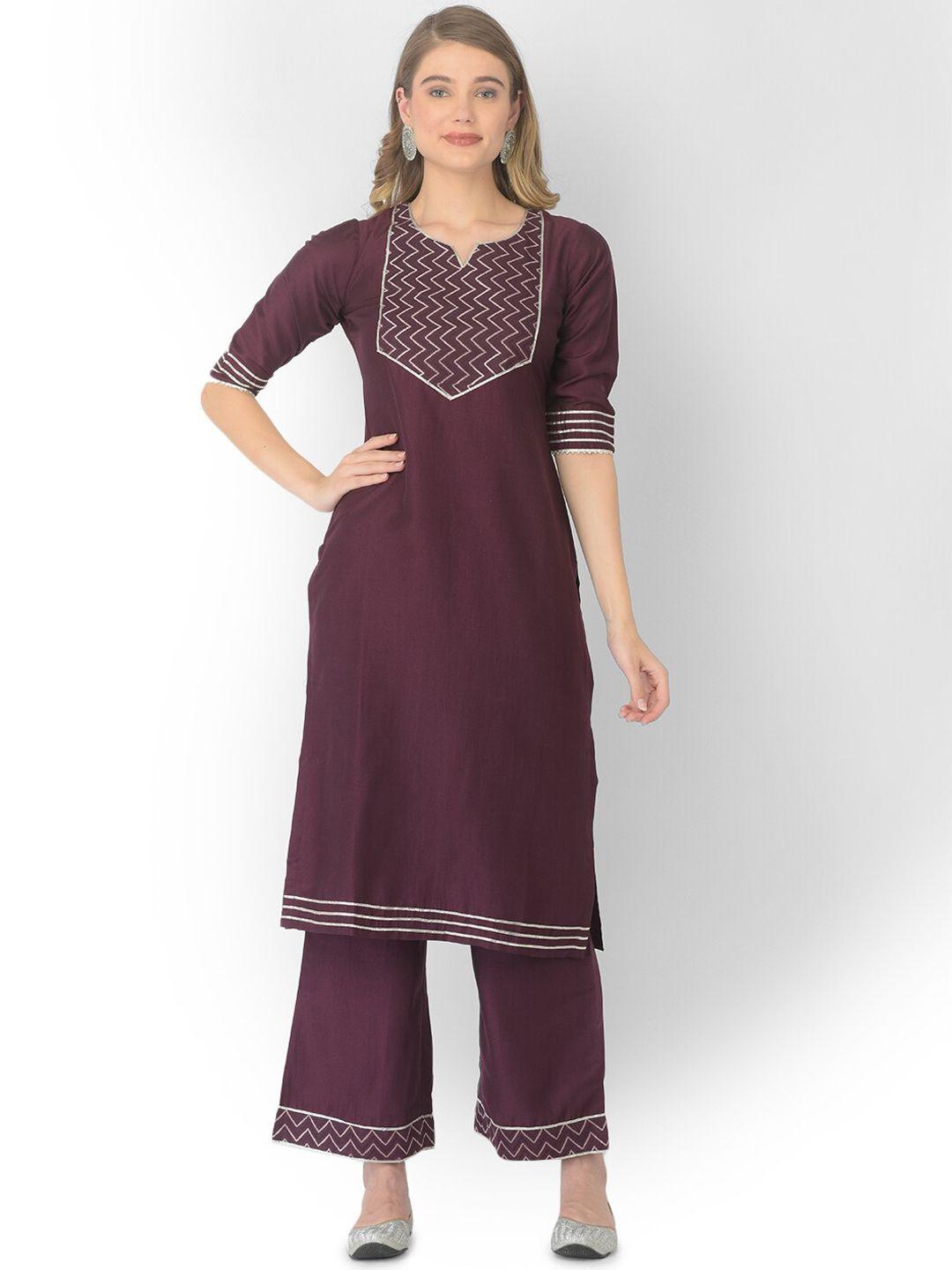 v tradition women maroon embroidered gotta patti kurta with palazzos & with dupatta