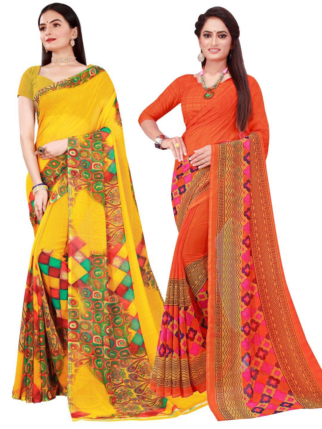 florence pack of 2 orange & yellow printed pure georgette saree