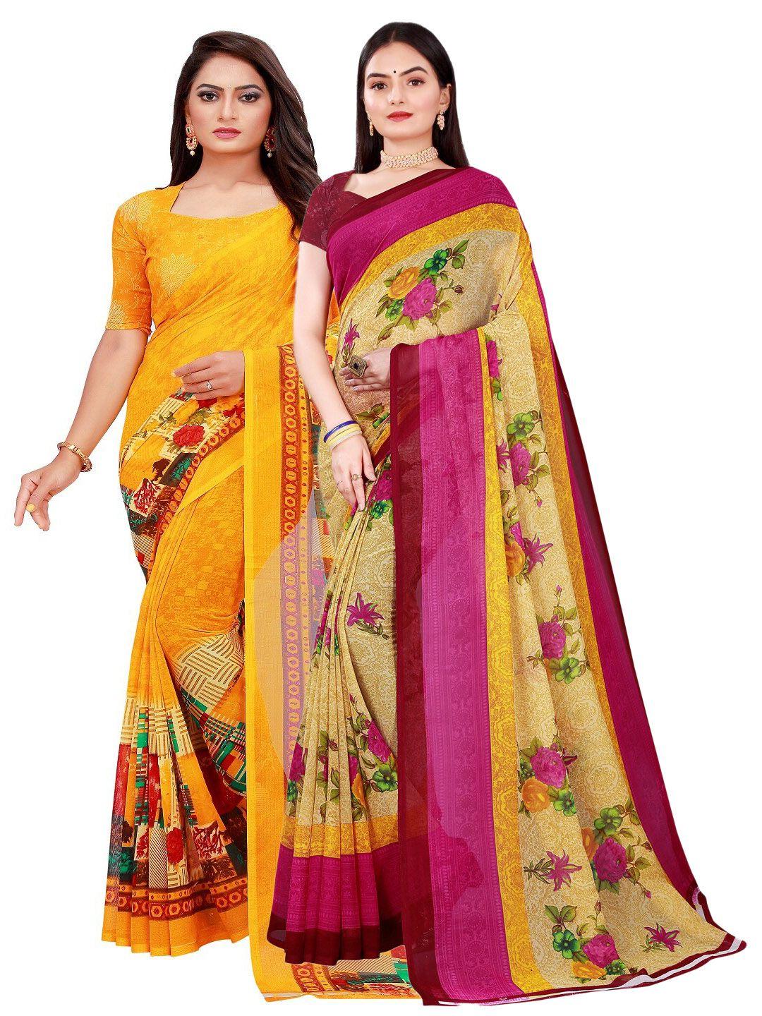 saadhvi beige & yellow printed pure georgette saree pack of 2