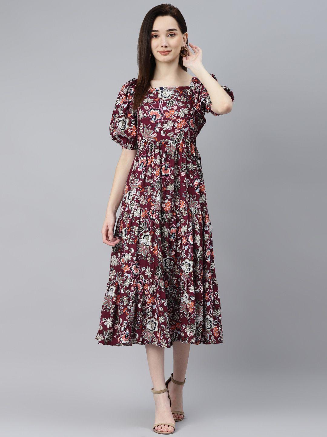 indibelle burgundy & orange floral puff sleeves midi dress