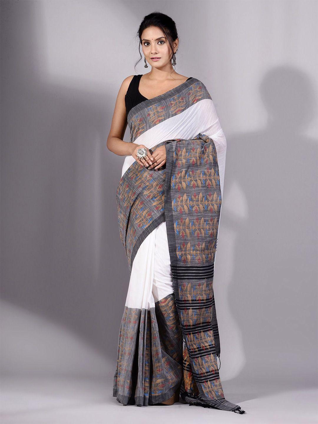 charukriti white & black woven design pure cotton saree