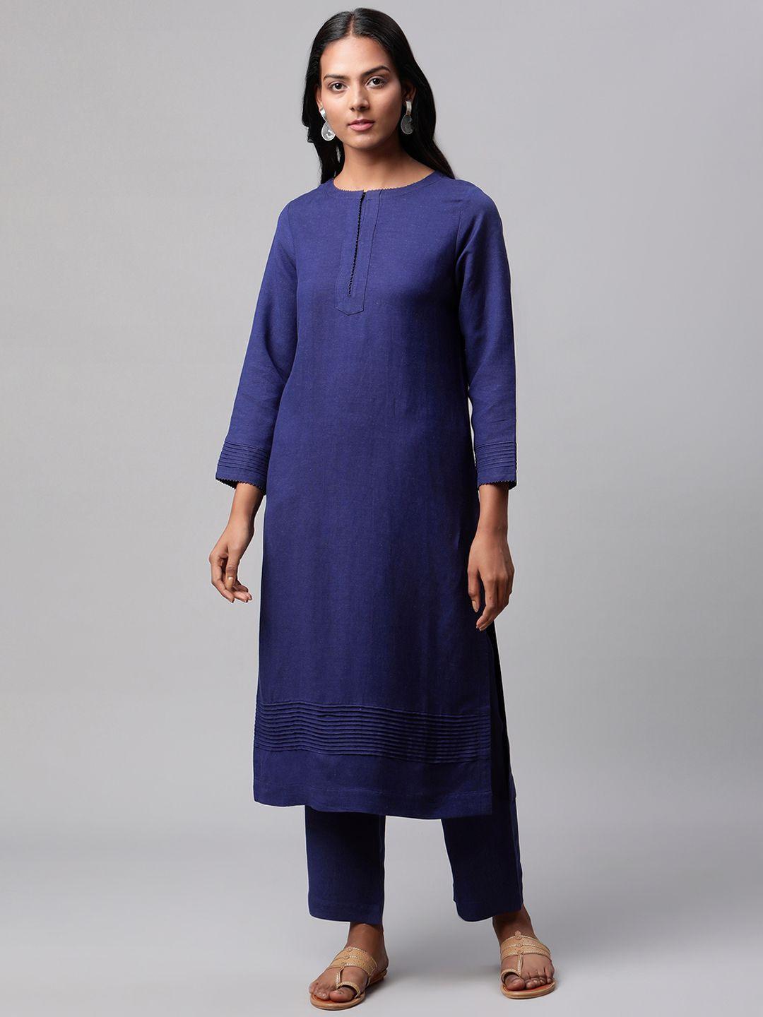 linen club woman women navy blue linen sustainable kurta with trousers