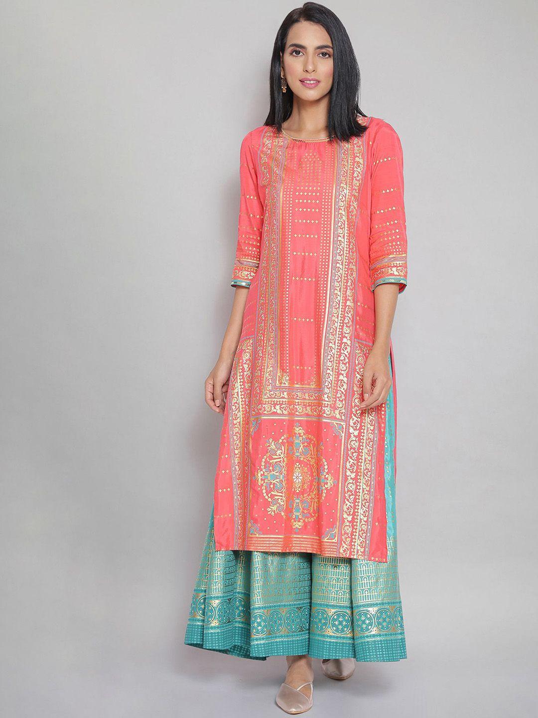 aurelia women peach-coloured ethnic motifs printed kurta