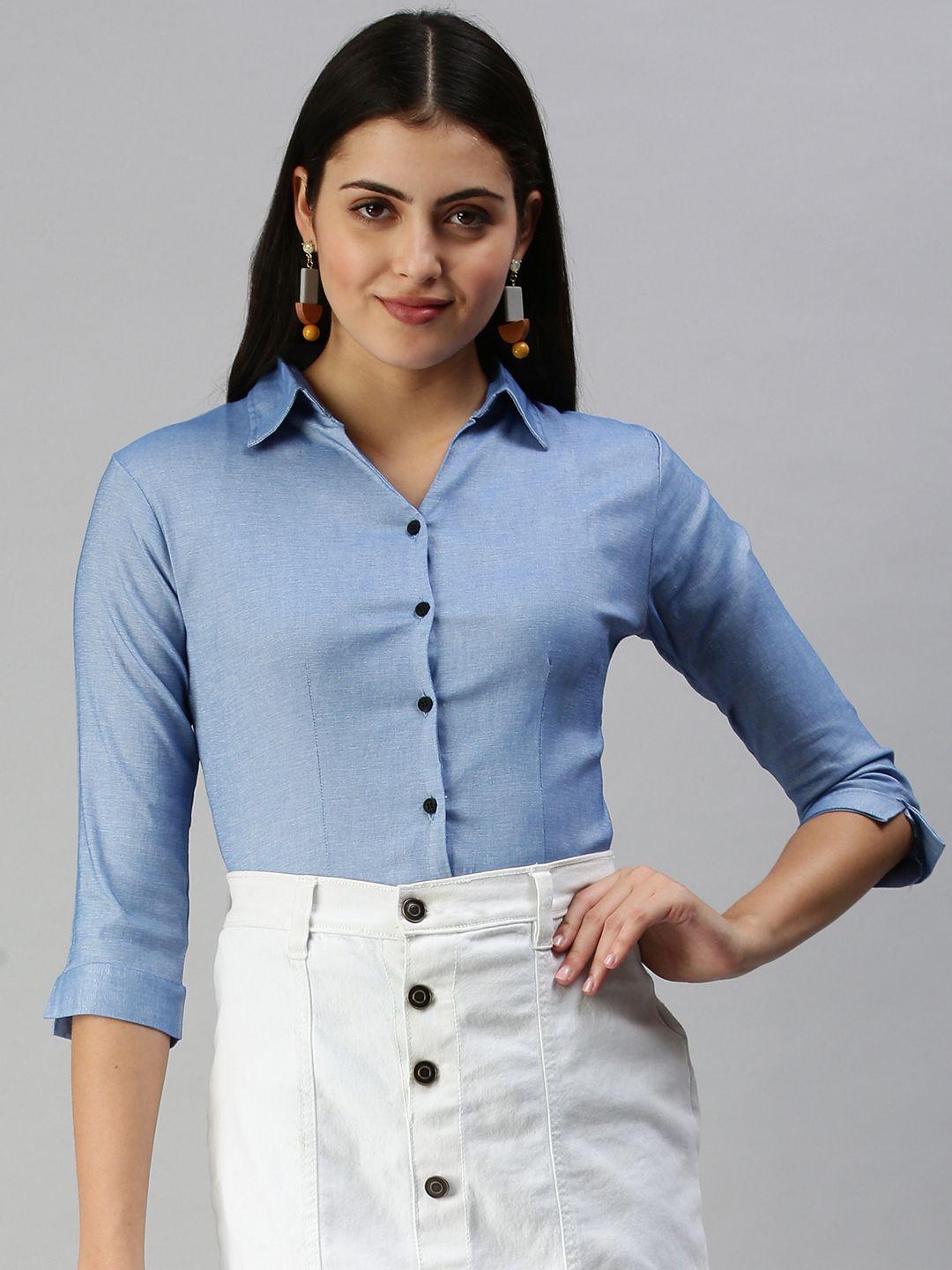 showoff women blue semi skinny fit casual shirt