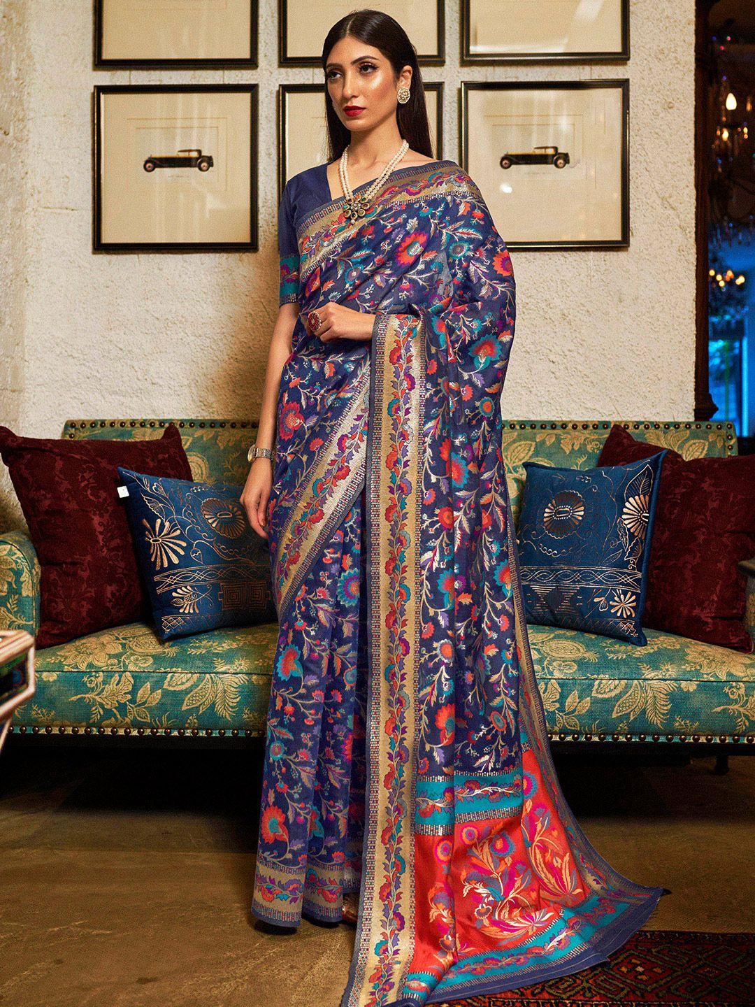 mitera navy blue & red floral zari silk blend banarasi saree