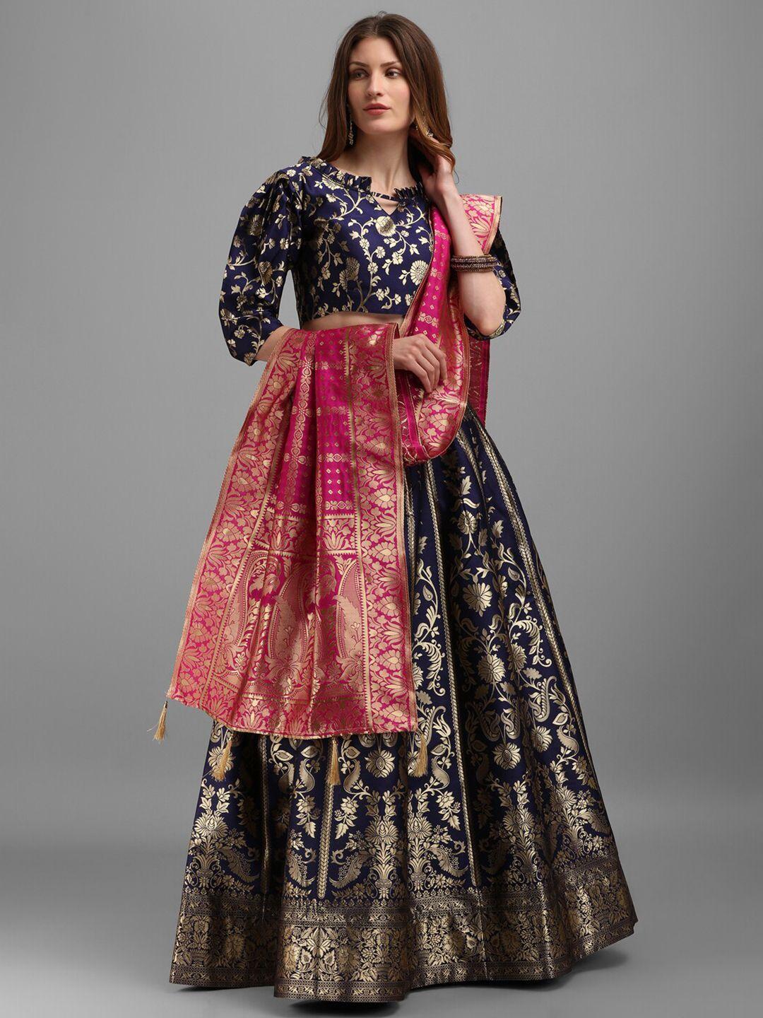 purvaja navy blue & magenta embellished semi-stitched lehenga & unstitched blouse with dupatta