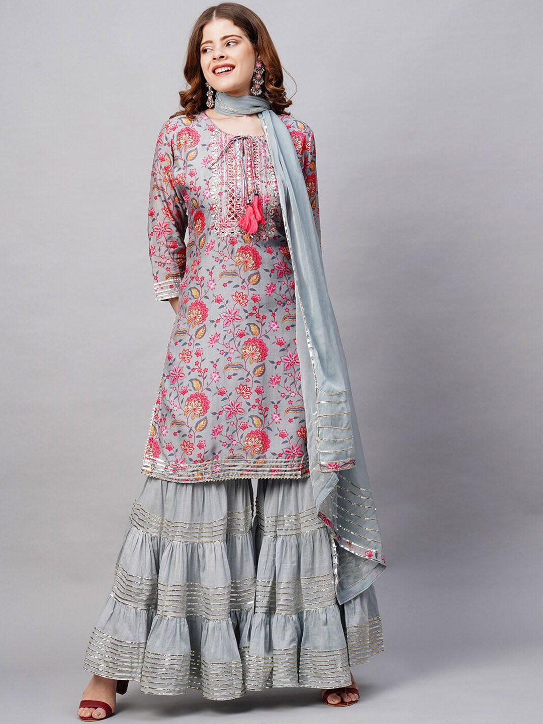 envy me by fashor women grey printed & hand embroidered kurta with sharara and dupatta