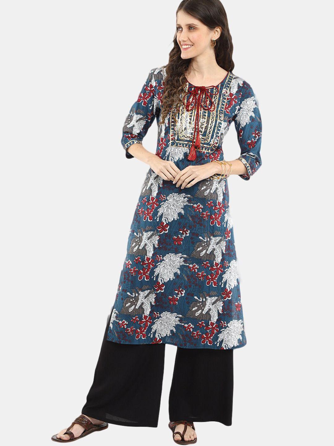 desi mix women blue cotton floral cambric  round printed  kurta