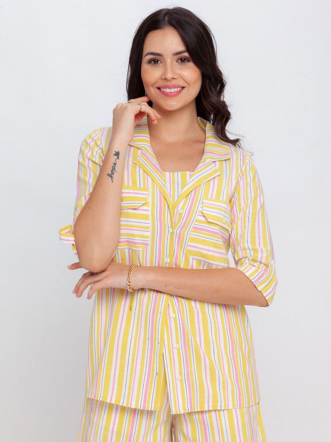 zink london women yellow slim fit striped casual shirt