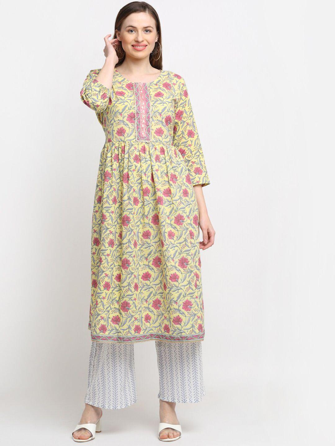 kalini women mustard yellow floral printed aari work cotton kurta with palazzo & dupatta