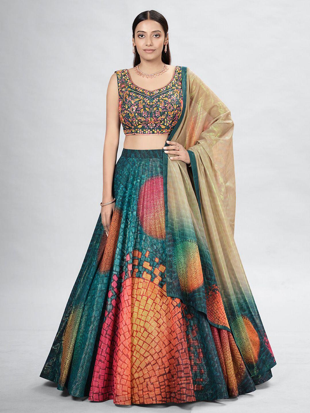 dresstive multicoloured & green embroidered mirror work semi-stitched lehenga & unstitched blouse with