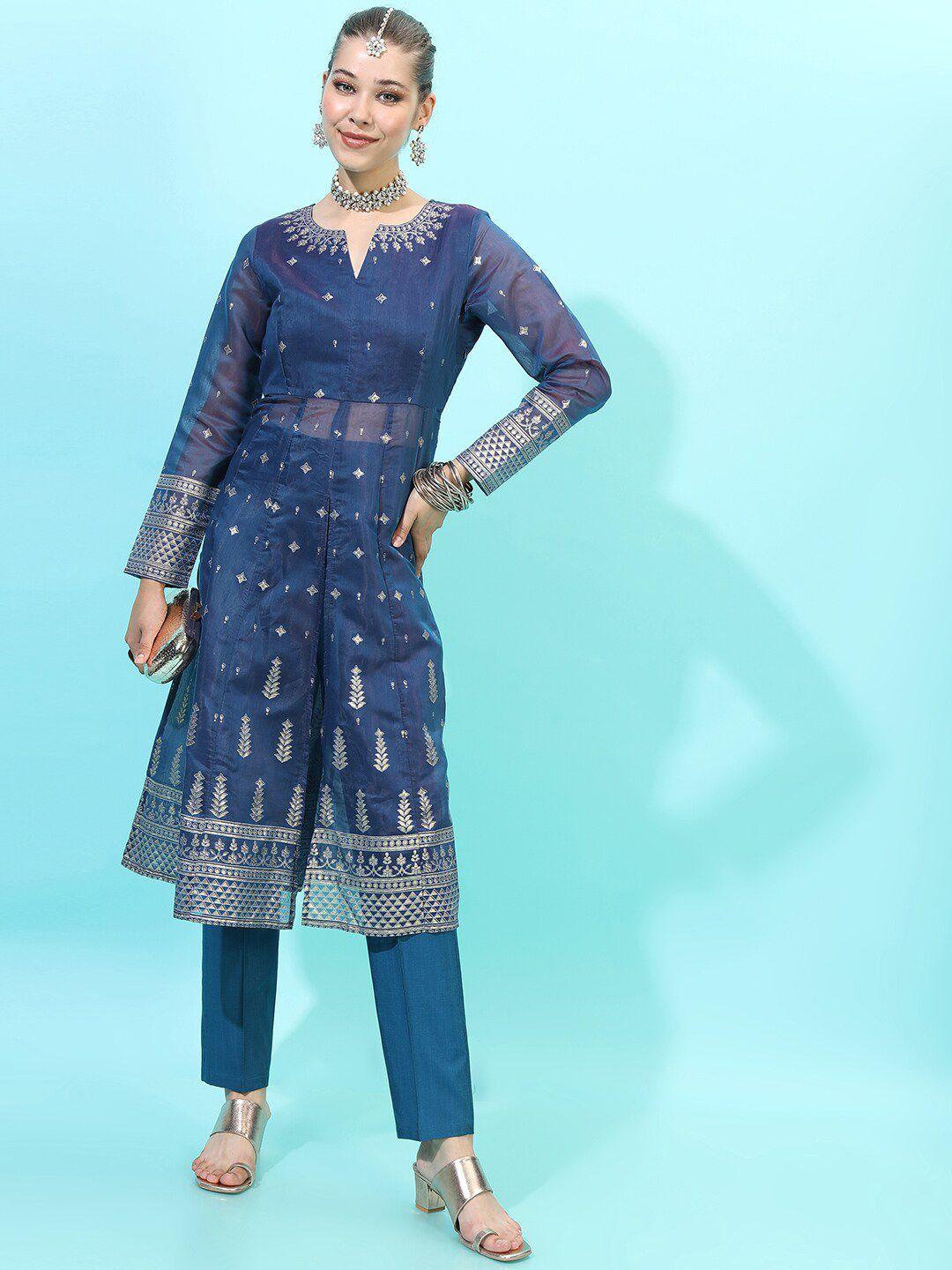 vishudh women blue ethnic motifs embroidered kurta with trousers