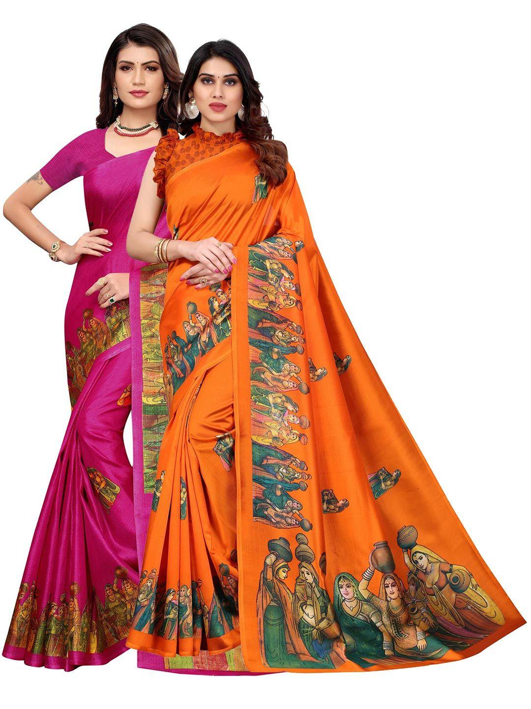 aadvika set of 2 orange & pink ethnic motifs art silk mysore silk saree