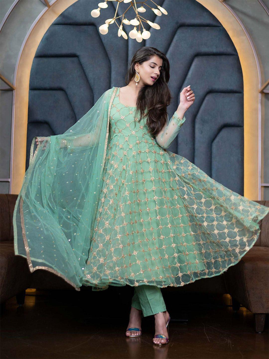 fashion basket green & gold-toned embroidered semi-stitched dress material