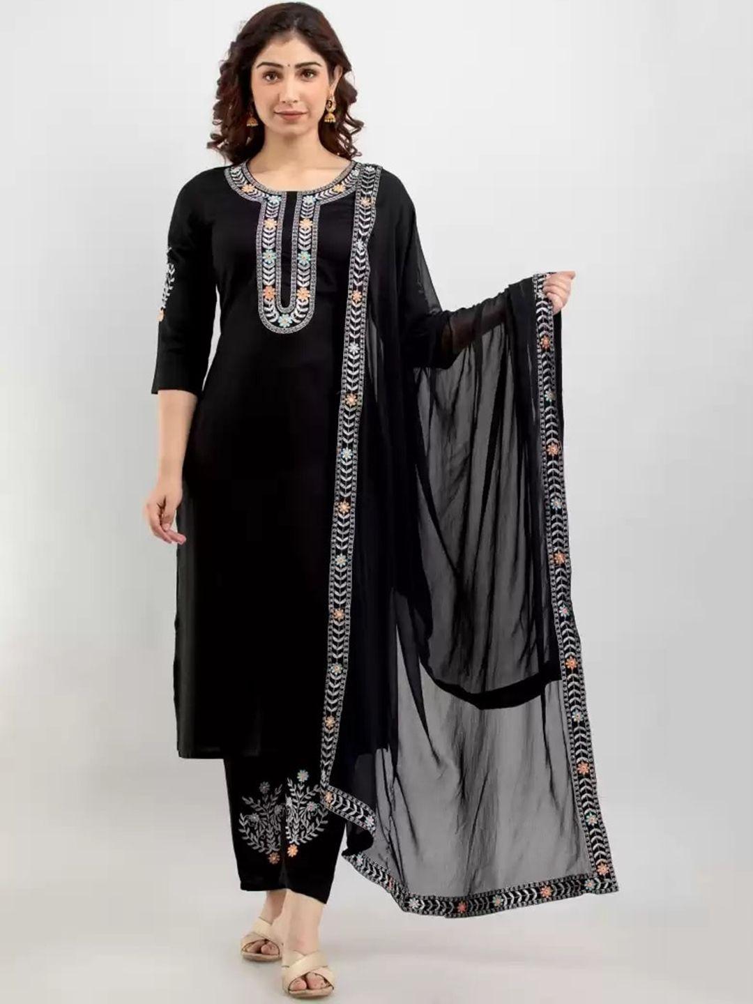 meeranshi women black yoke design high slit mukaish kurti with trousers & with dupatta