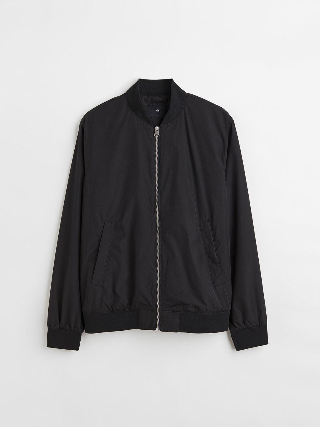 h&m men black solid bomber jacket