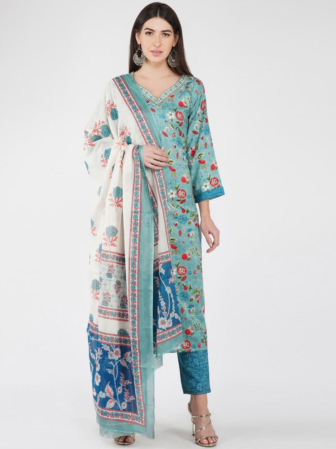 ratan women turquoise blue floral printed angrakha gotta patti kurti with trousers & with dupatta