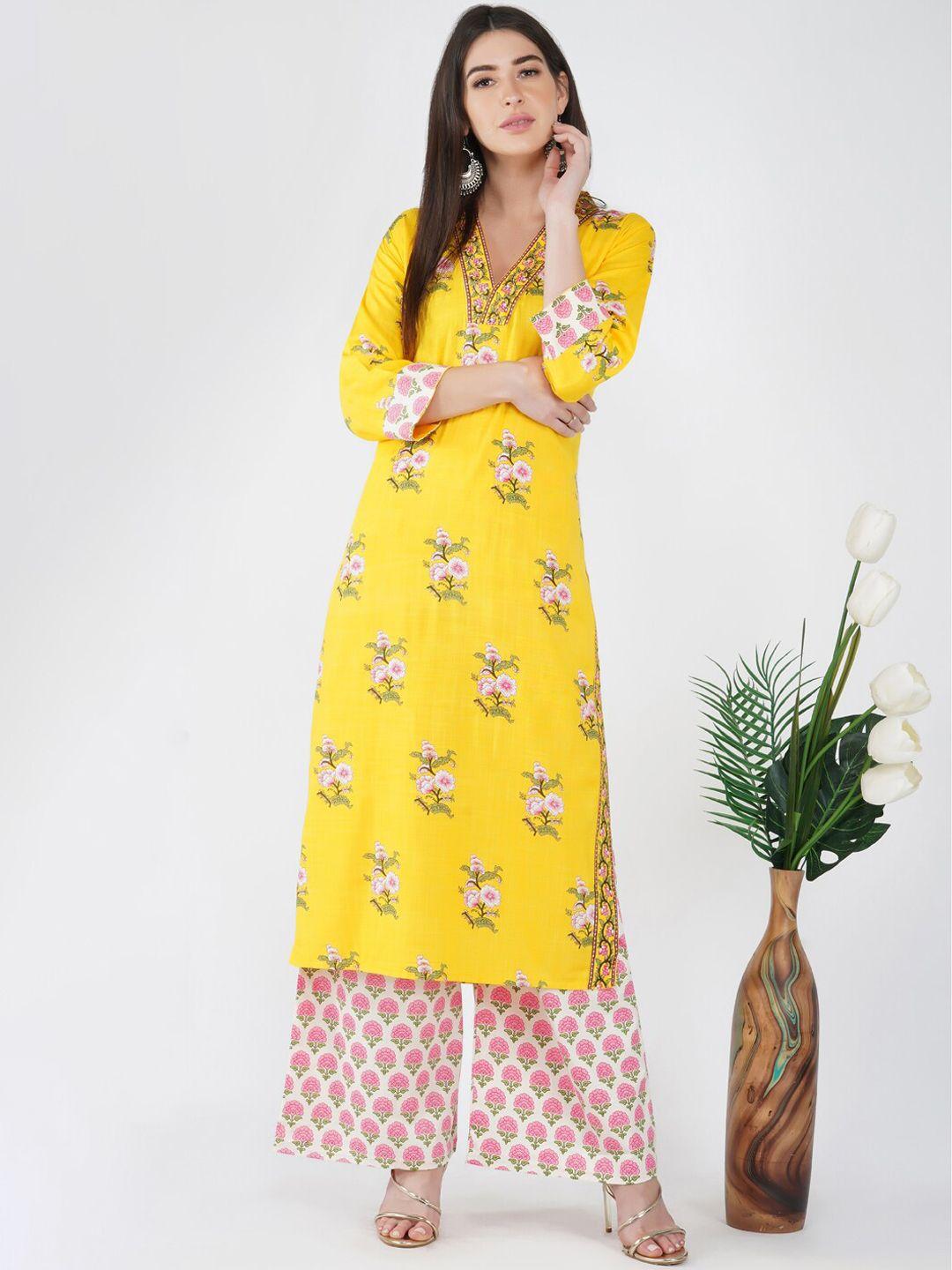 ratan women yellow floral angrakha sequinned top with trousers & with dupatta