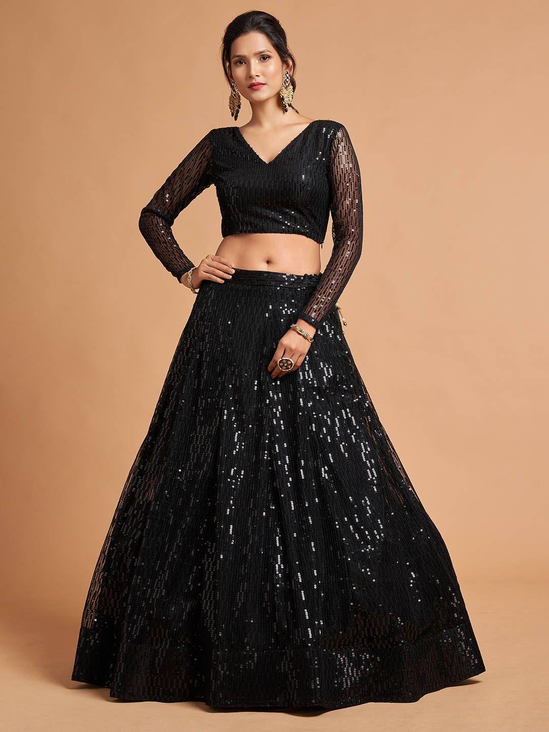 fabpixel black embroidered sequinned kalamkari semi-stitched lehenga & unstitched blouse with dupatta