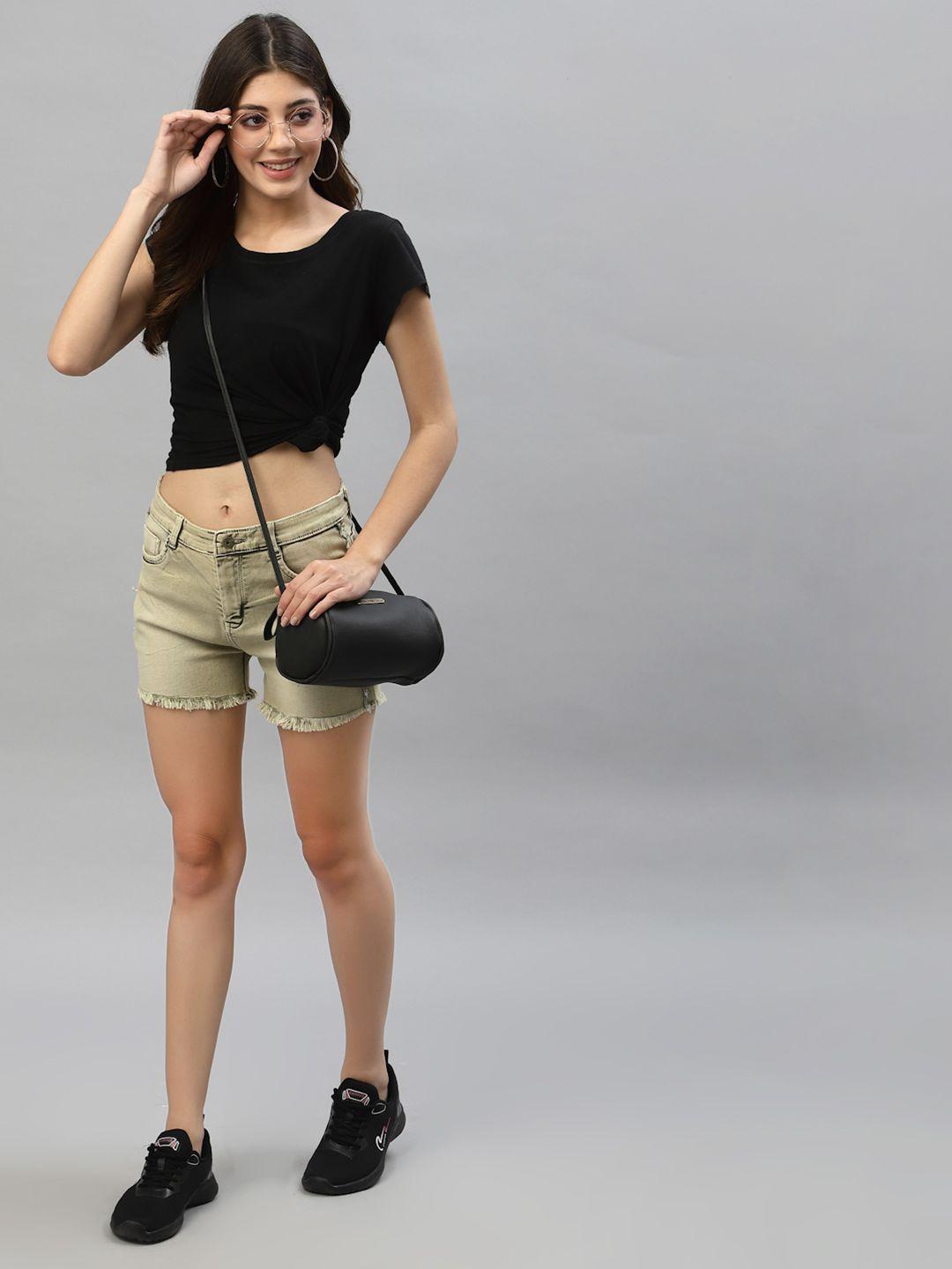 kassually women green slim fit denim outdoor denim shorts