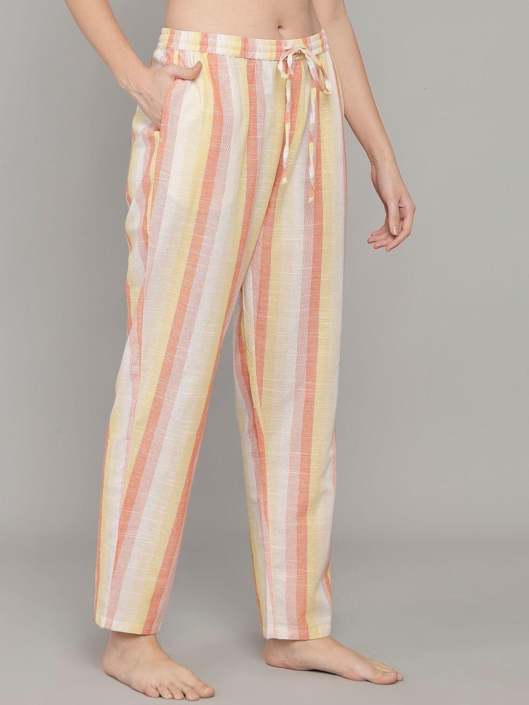 shararat women orange & beine striped cotton lounge pants