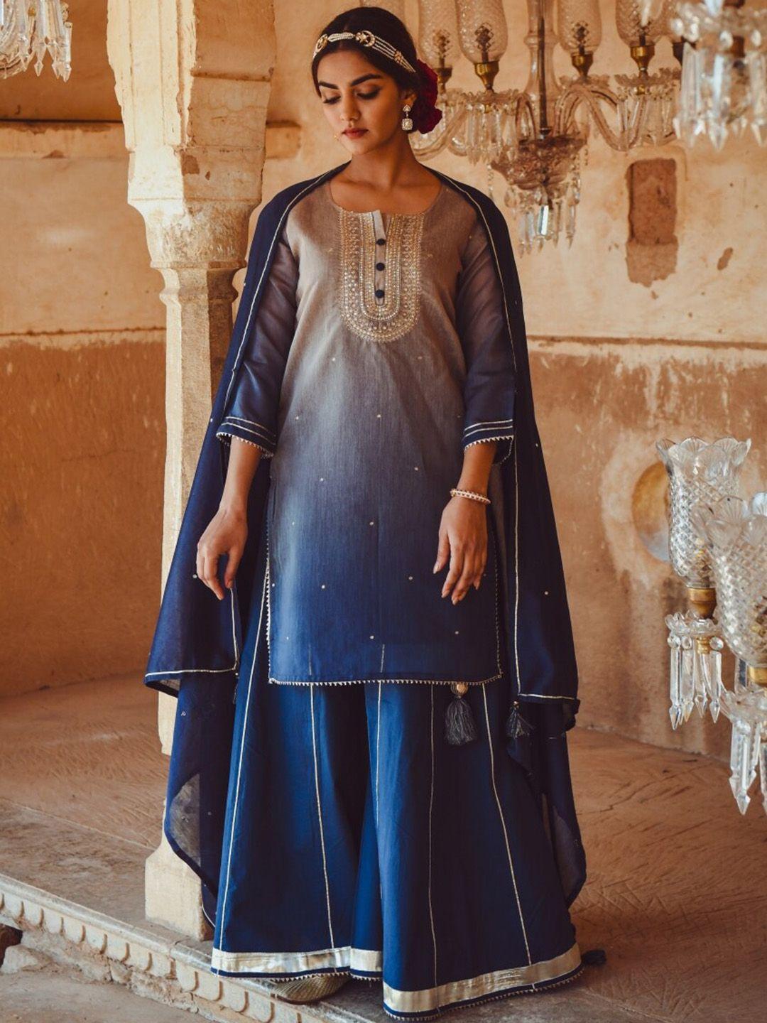 karaj jaipur women blue kurta with palazzos & with dupatta