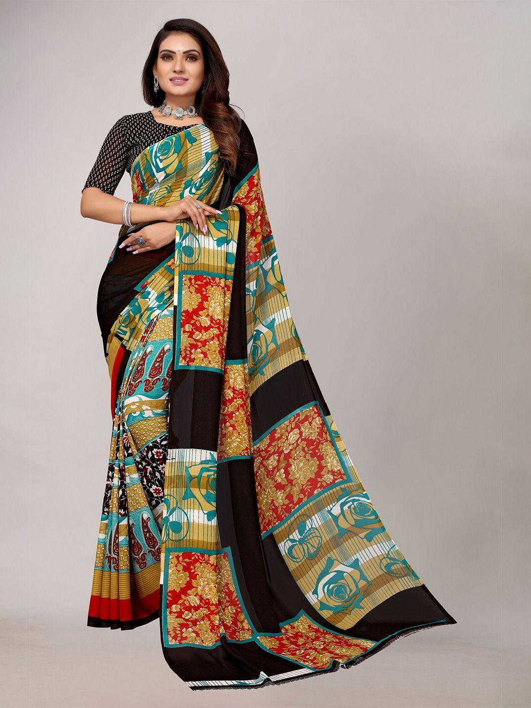 yashika black & turquoise blue floral saree