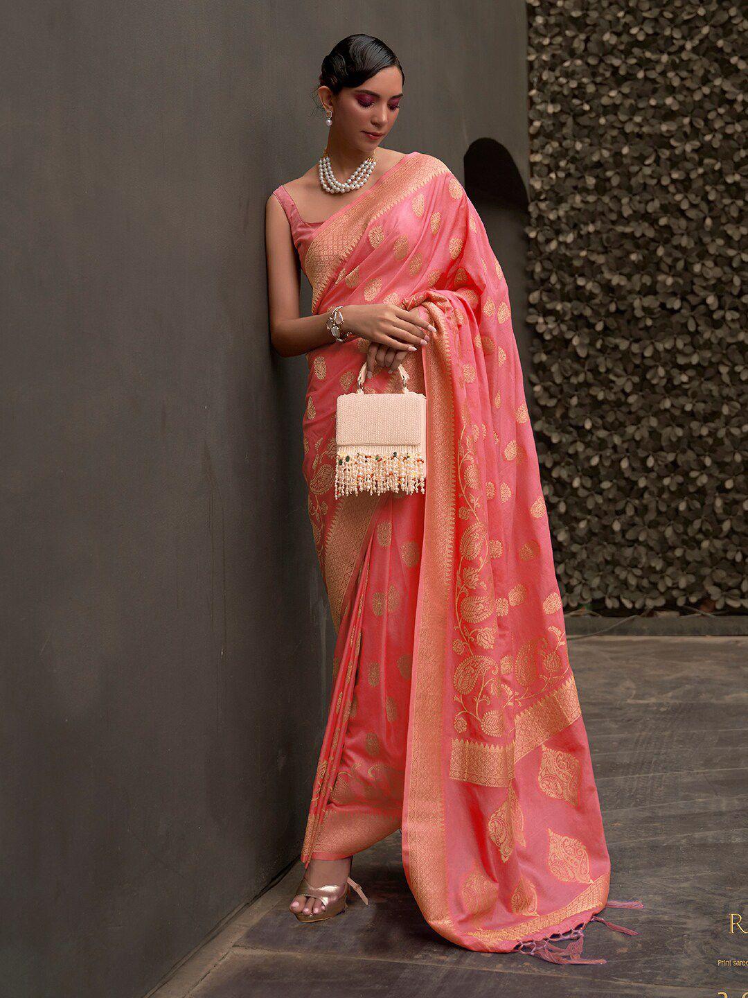 mitera pink & gold-toned ethnic motifs zari saree