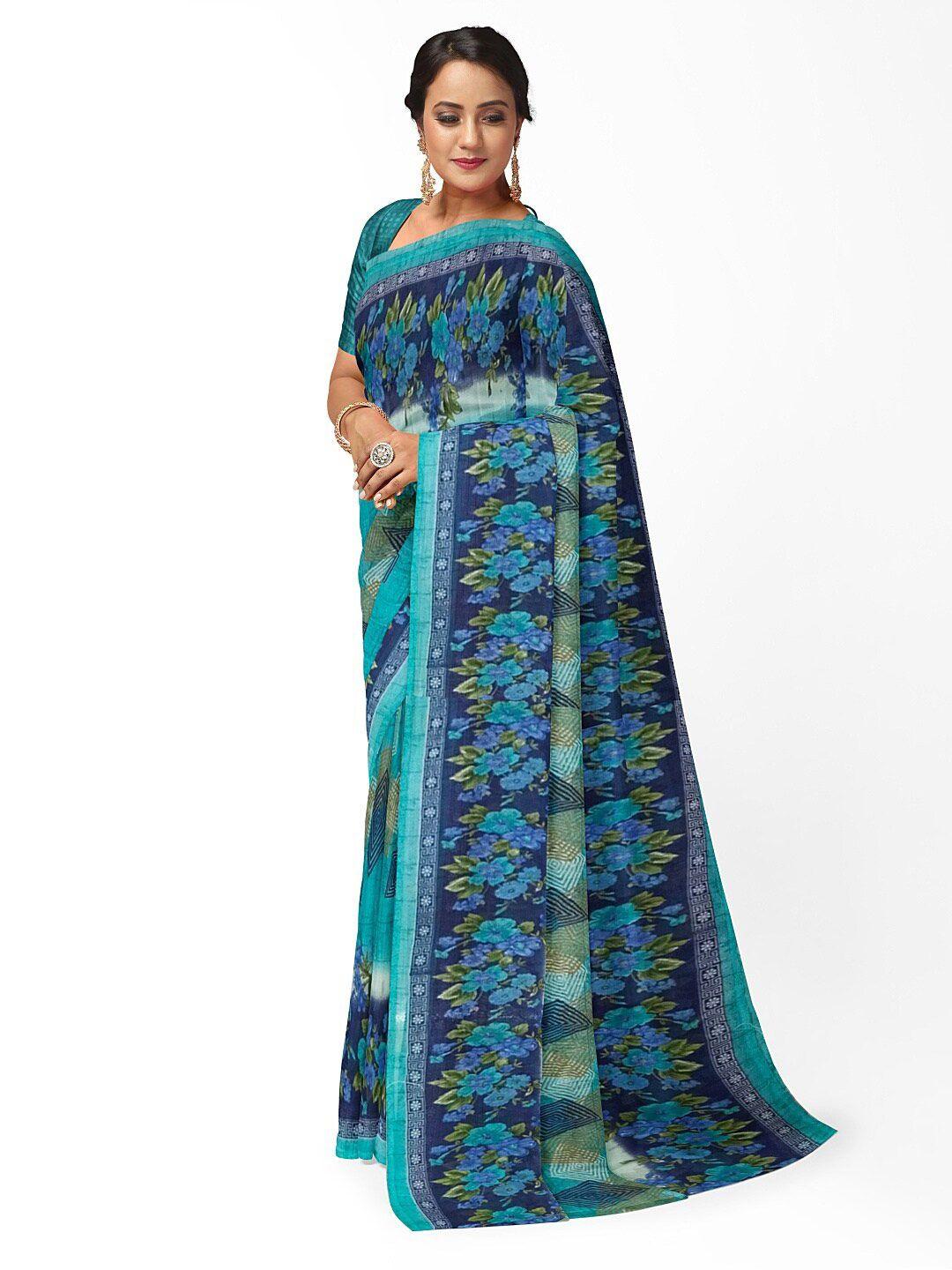 saadhvi teal green & blue floral printed pure georgette dharmavaram saree