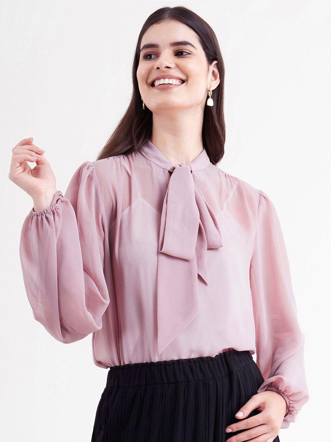 fablestreet women pink tie-up neck georgette top