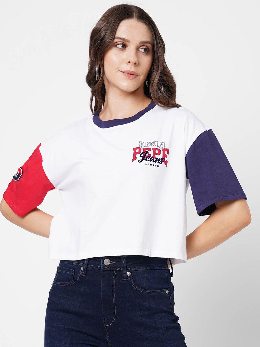 pepe jeans women white drop-shoulder sleeves t-shirt