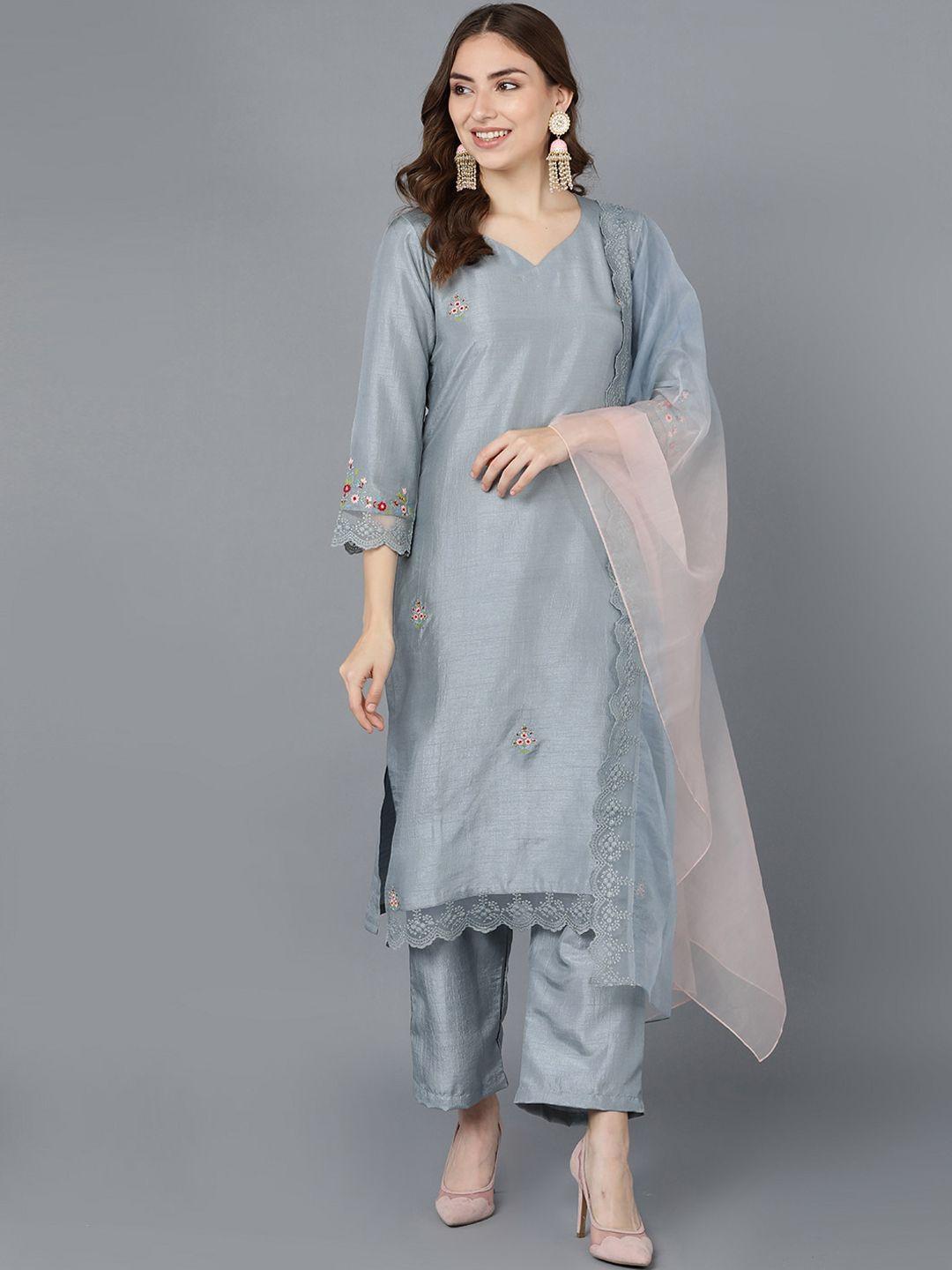 ahika women grey embroidered kurta with trousers & with dupatta