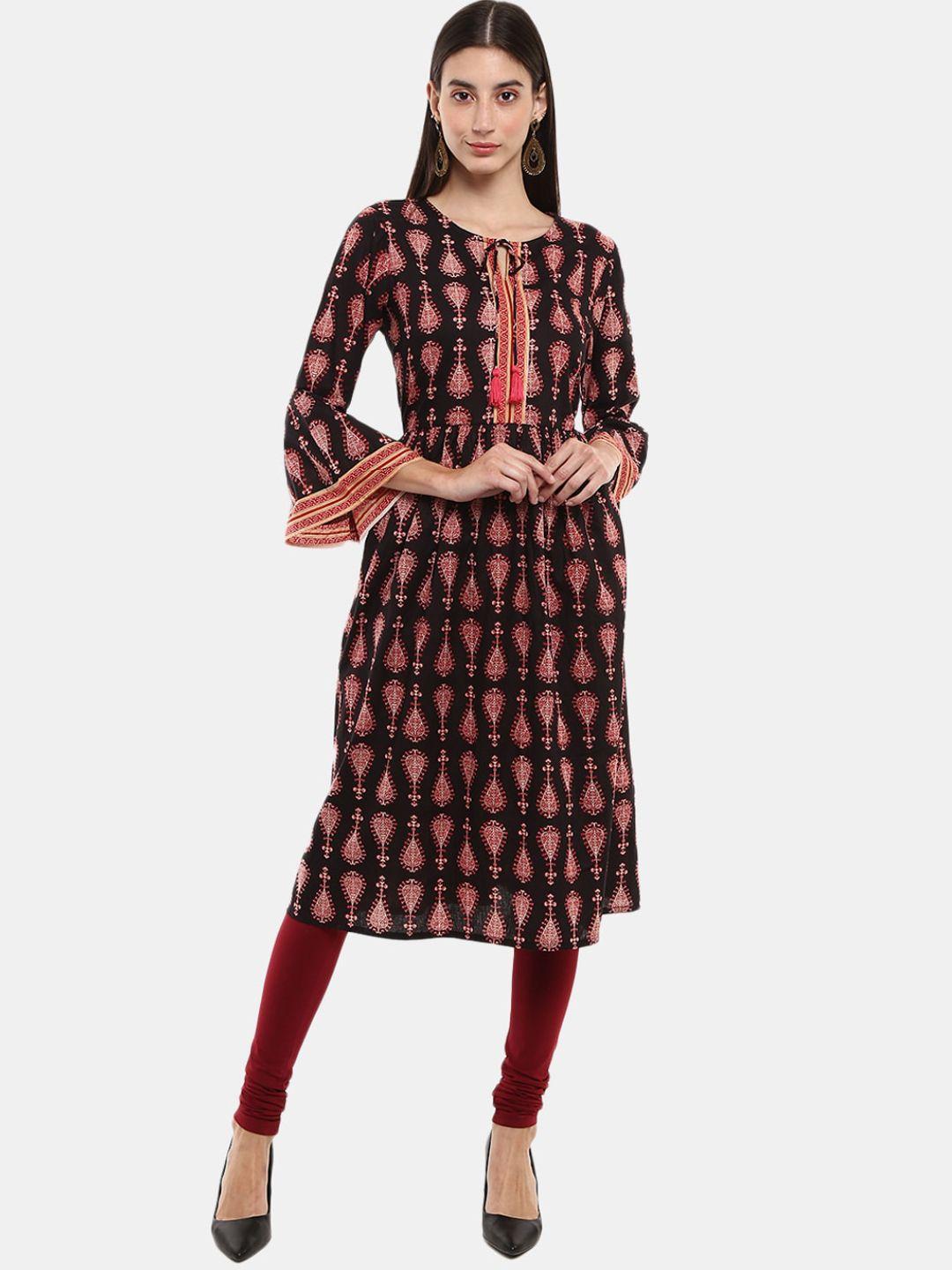 desi mix women black ethnic motifs checked keyhole neck flared sleeves kurta