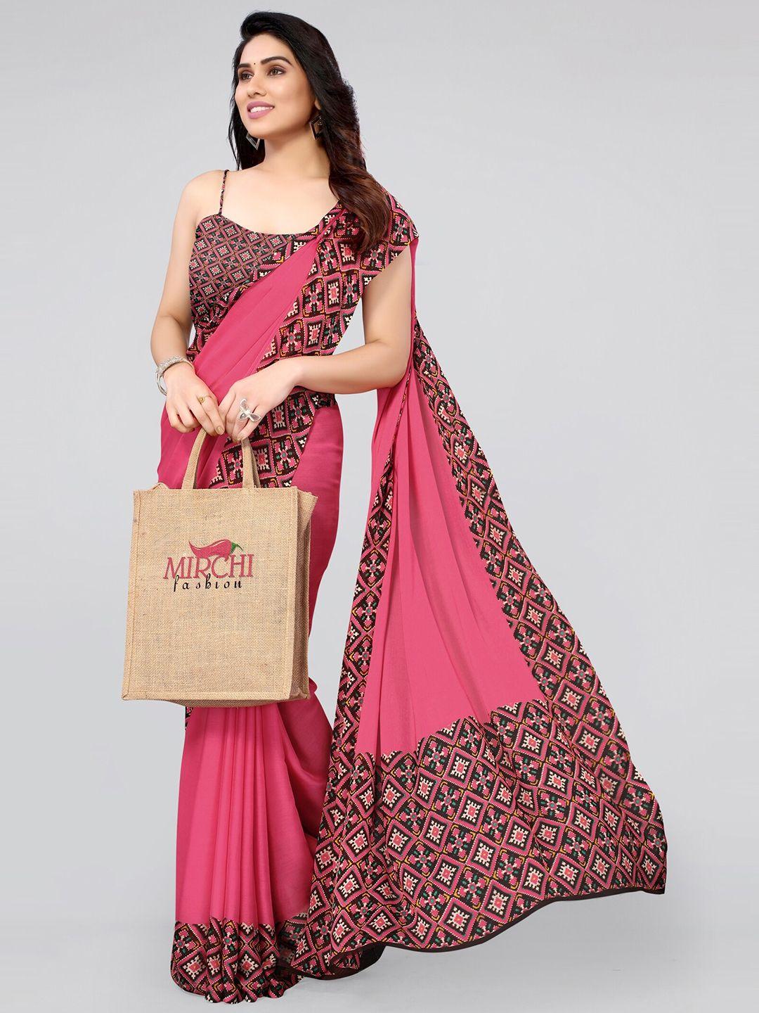 mirchi fashion pink & brown ethnic motifs poly chiffon saree