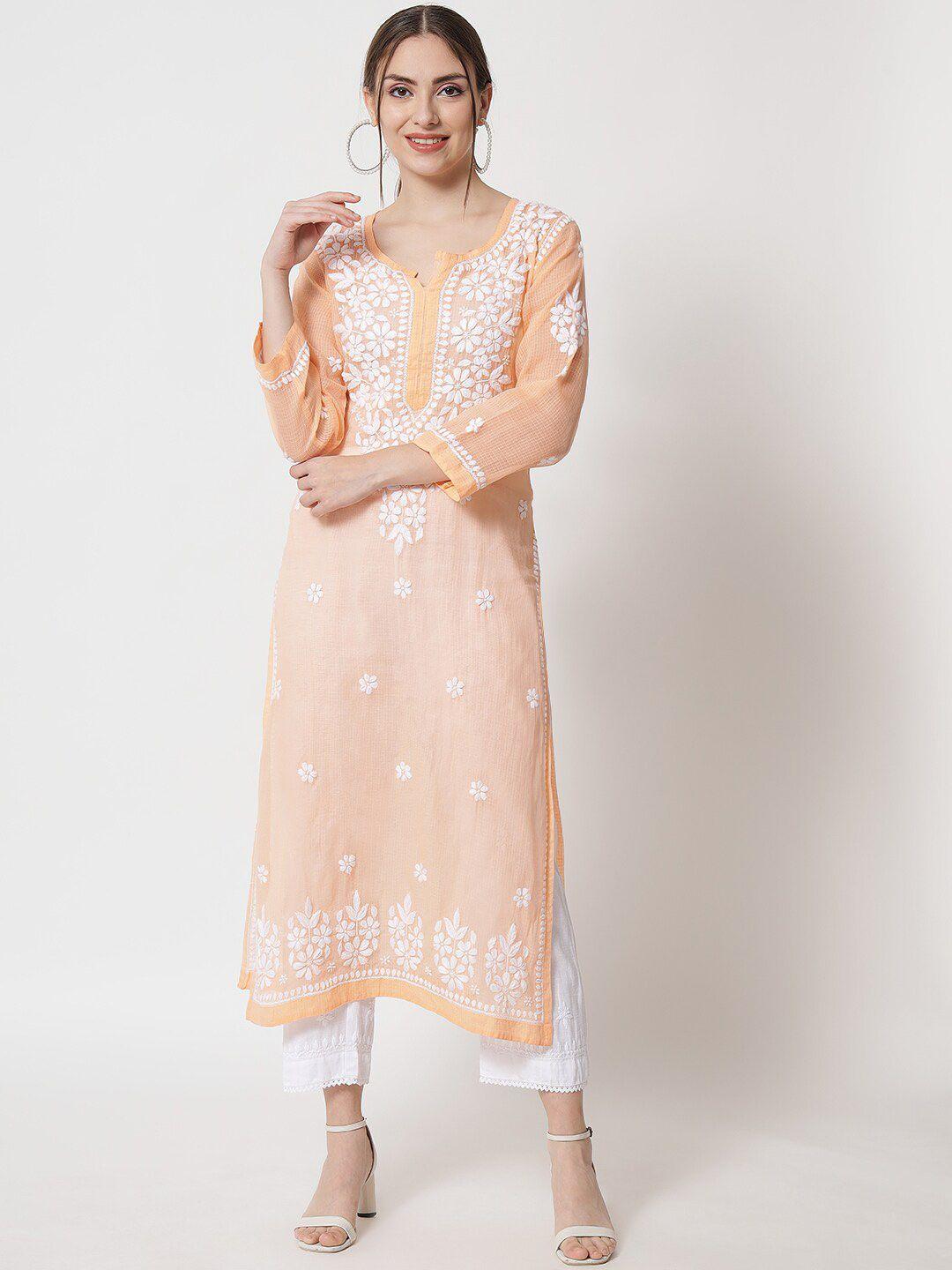 paramount chikan women peach-coloured & white ethnic motifs embroidered chikankari kurta