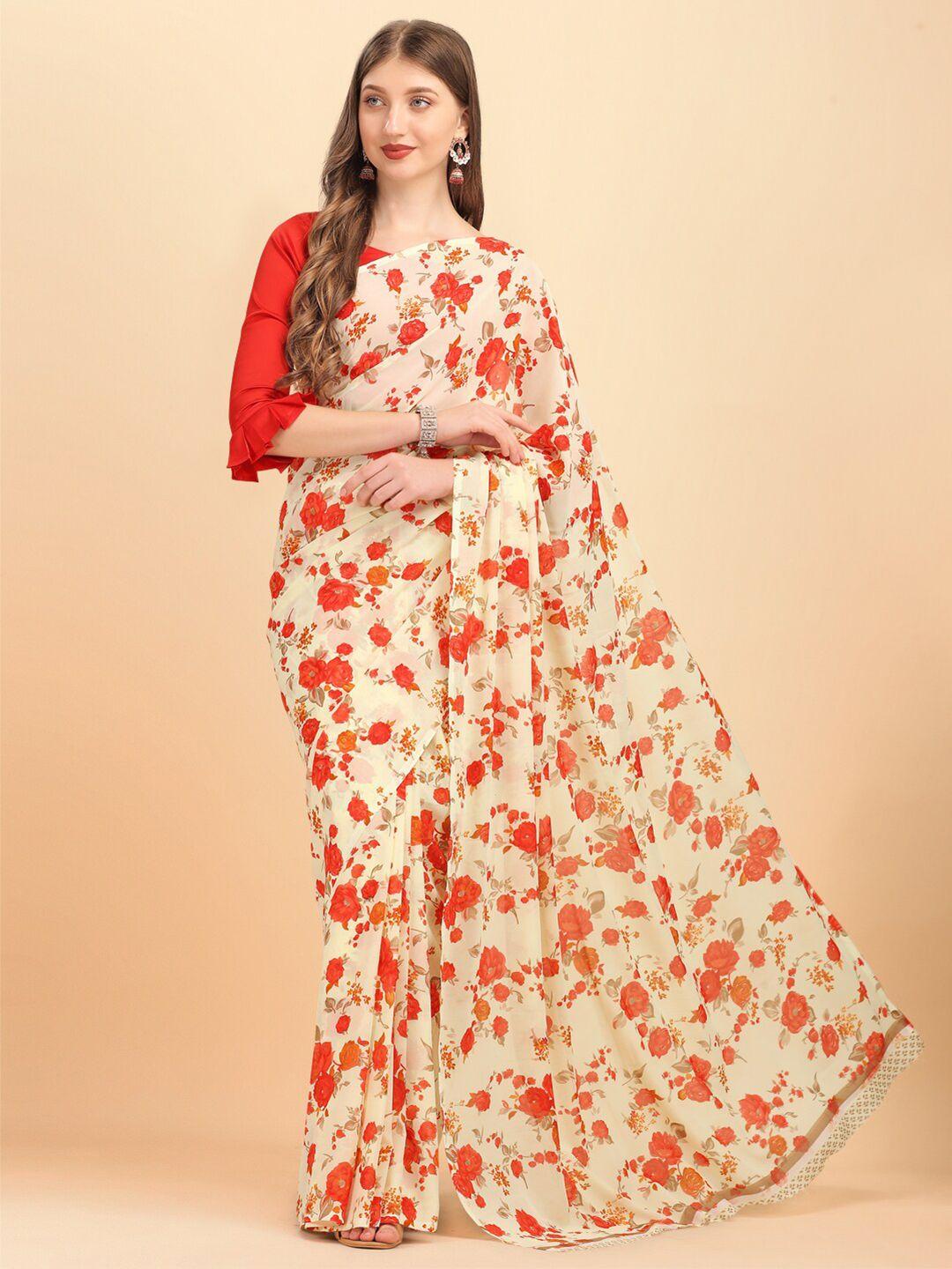 sangria cream-coloured & red floral pure georgette saree