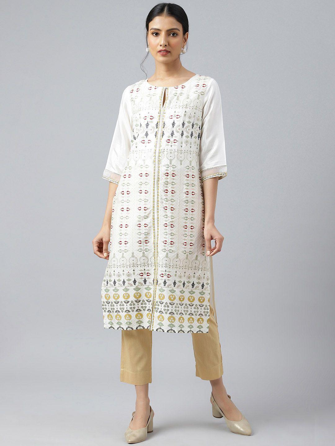 w women white geometric embroidered kurta