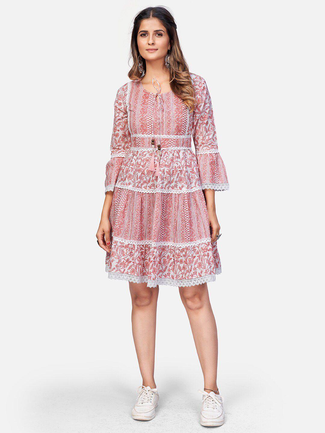 vbuyz pink floral tie-up neck fringed dress