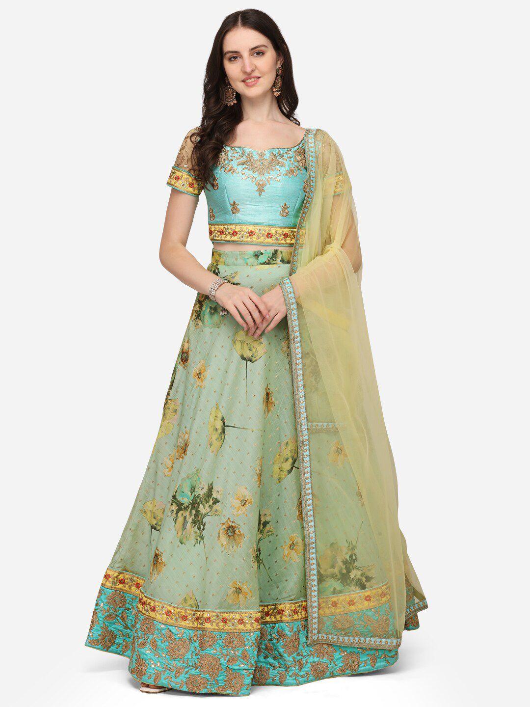 saptrangi green & yellow embroidered semi-stitched lehenga & unstitched blouse with dupatta