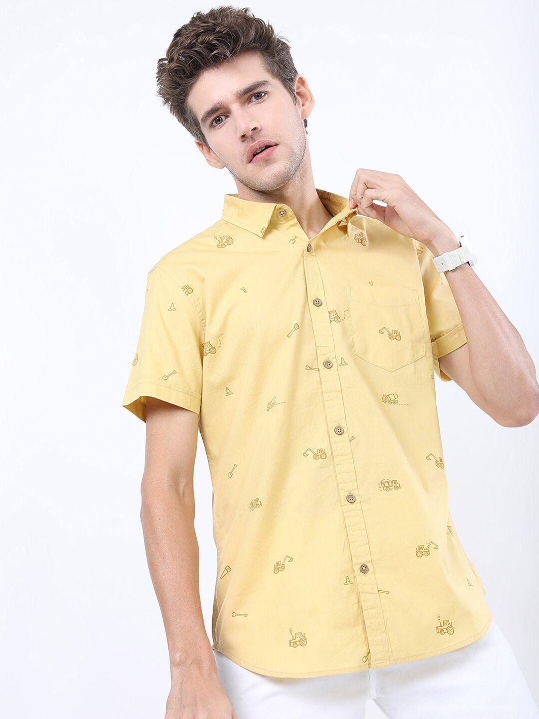 ketch men yellow printed cotton slim fit casual shirt