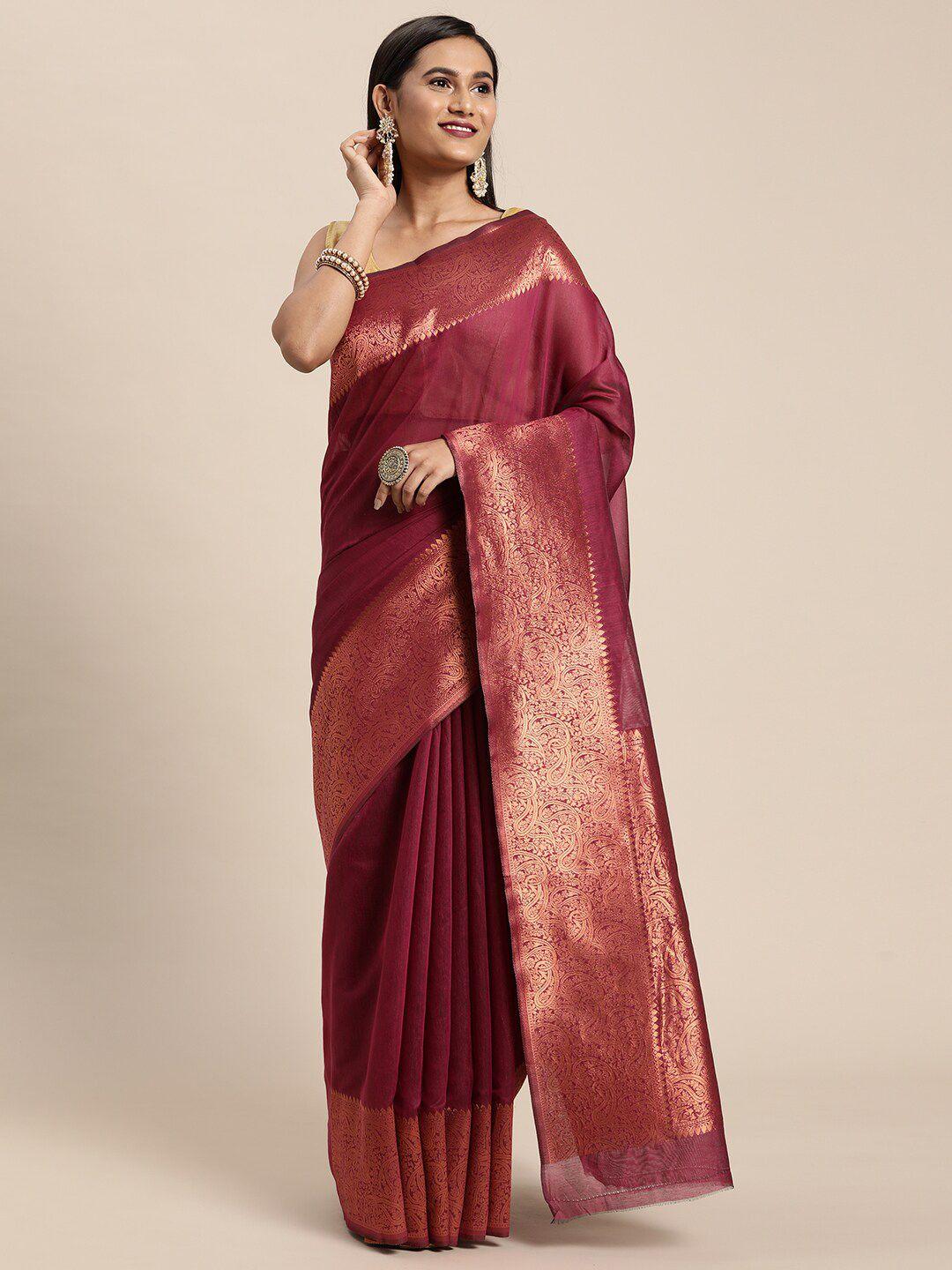 gajarai purple & gold-toned woven design zari silk blend banarasi saree