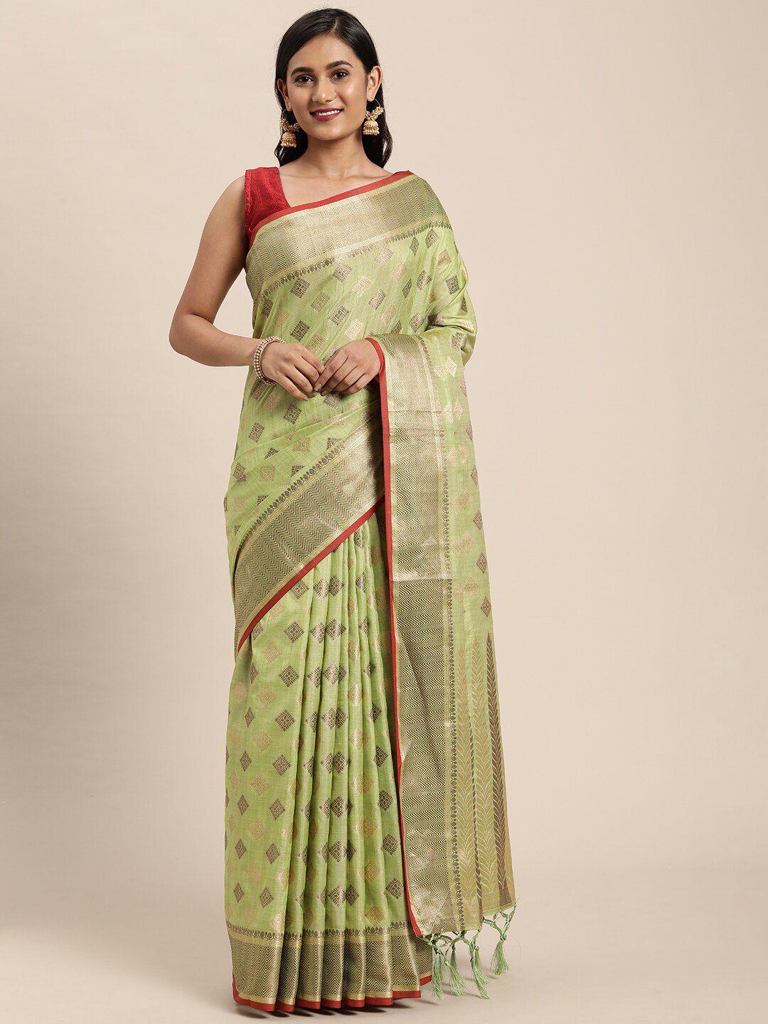 gajarai green & gold-toned woven design zari silk cotton chanderi saree