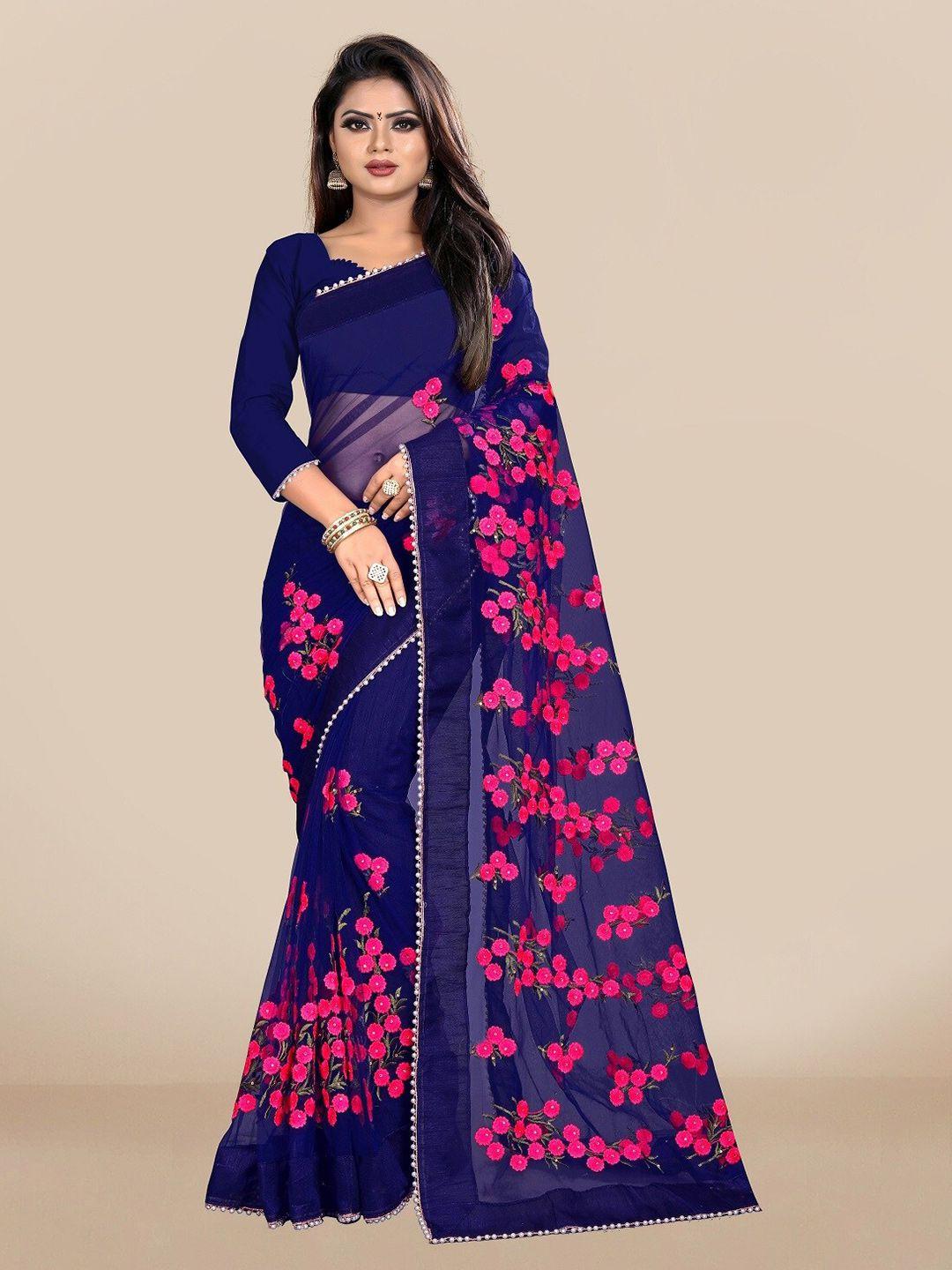 jsitaliya women navy blue & pink floral embroidered net sarees