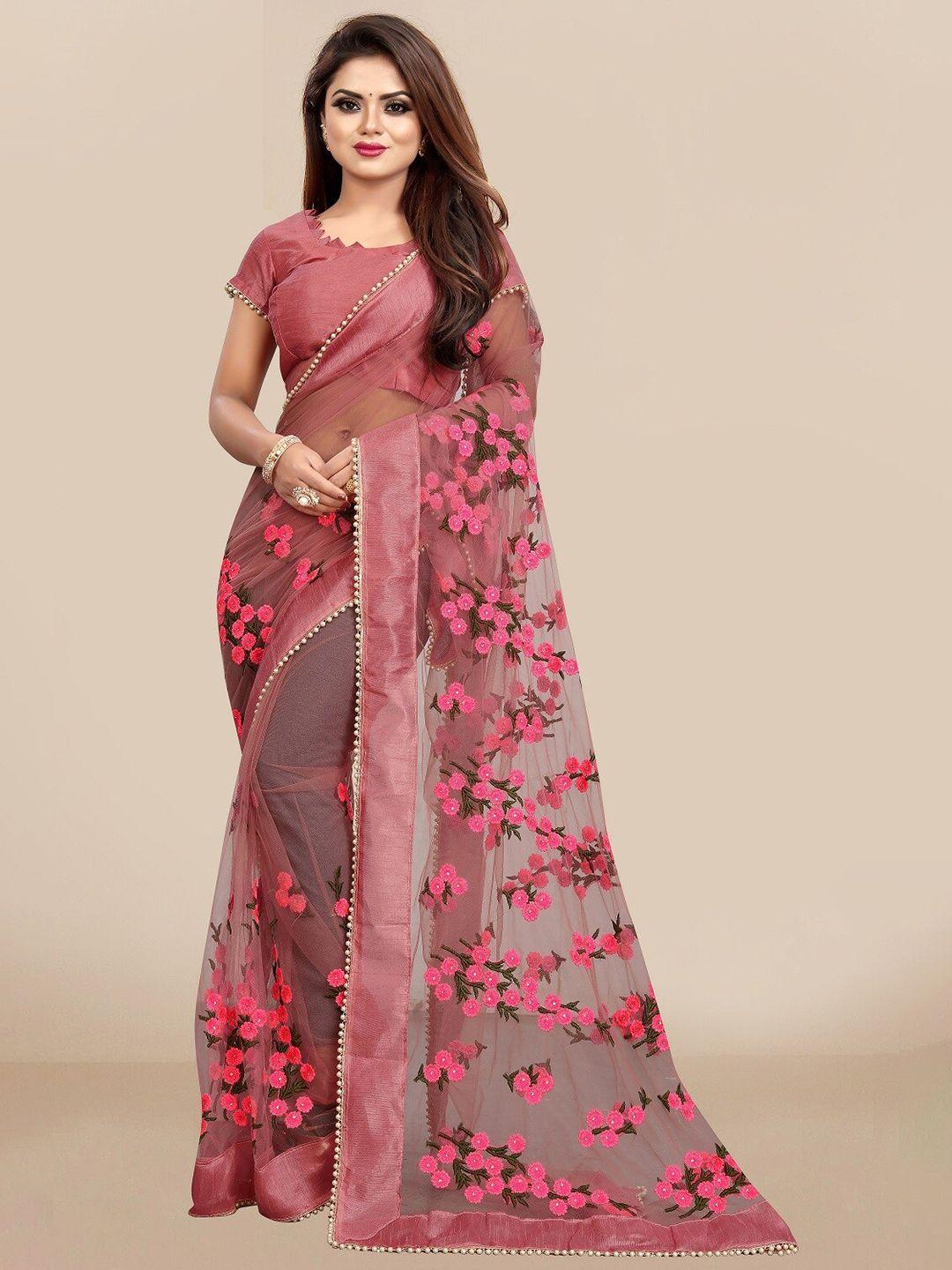 jsitaliya women pink embellished embroidered net saree